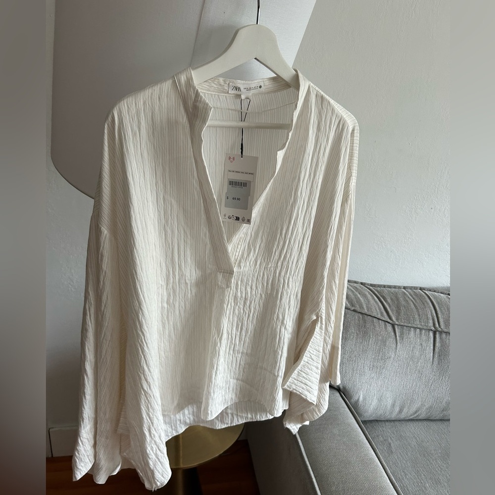 Zara Striped Tunic Blouse Kimono Sleeves V Neck Size XL Minimalistic